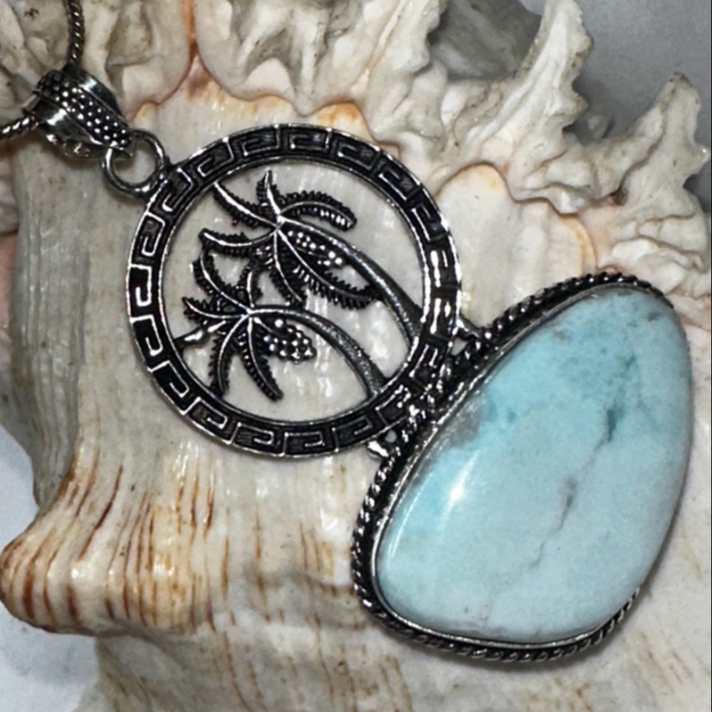 Caribbean Larimar natural gemstone Palm Tree Ocean Pendant